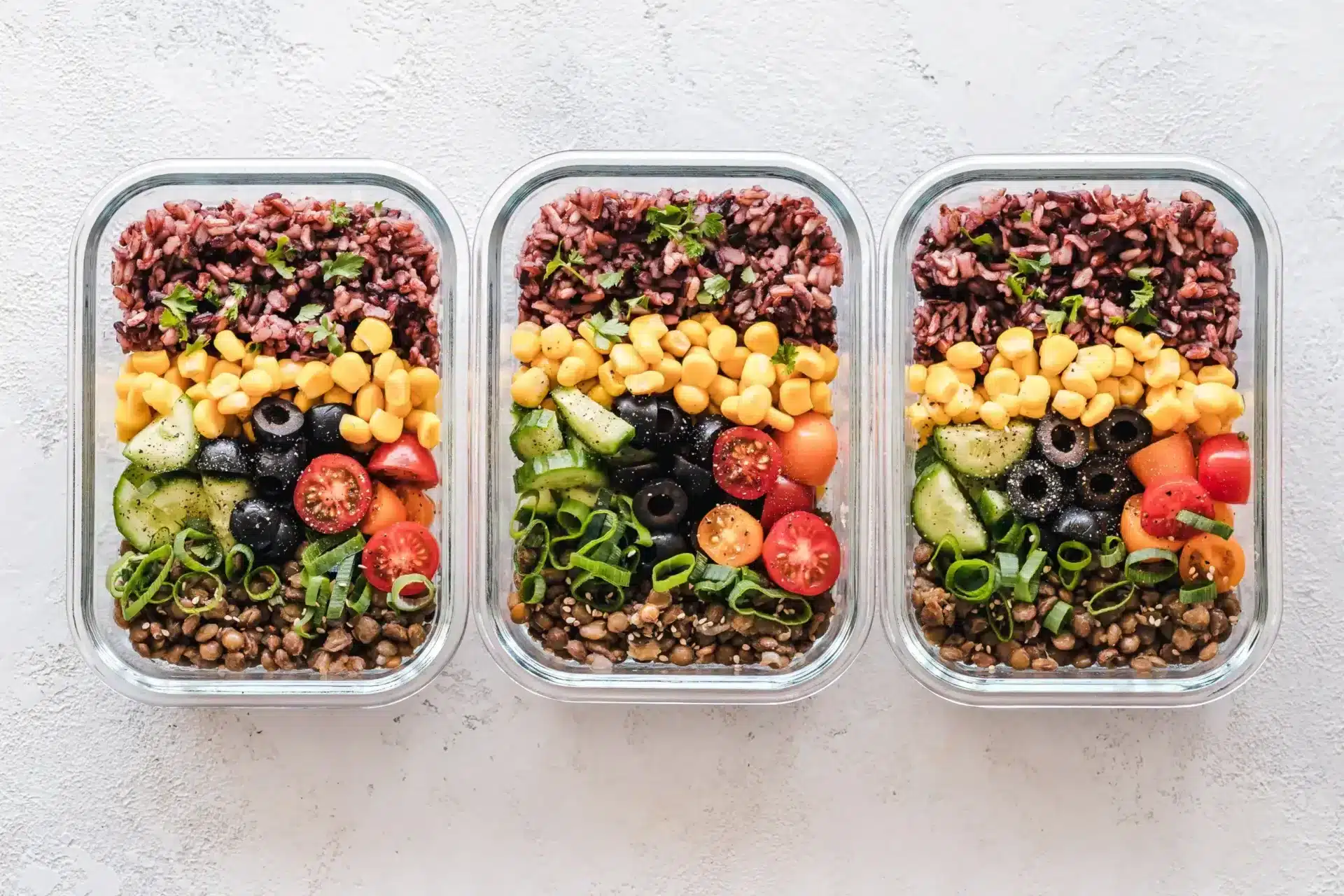 3x Meal Prep Gerichte in Glasbehältern
