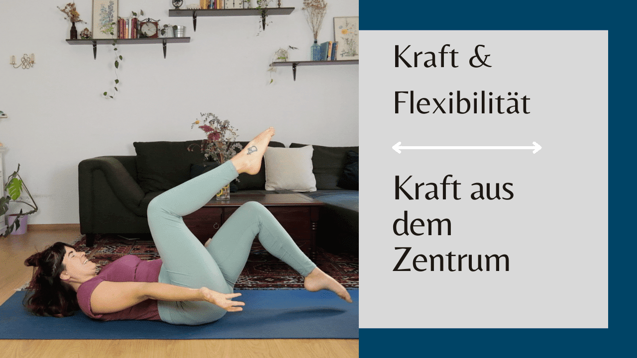 Frau, die ihre Bauchmuskulatur trainiert, mit dem Text: Kraft & Flexibilität - Kraft aus dem Zentrum